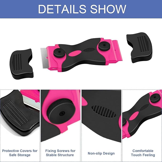 DEKEones Razor Blade Scraper, Double Edged Razorblade Scraping Tool with 10 Pcs Razor Blades, Paint Scraper for Glass, Decals, Tint, Stickers, Labels, Caulk, Adhesive(Pink)