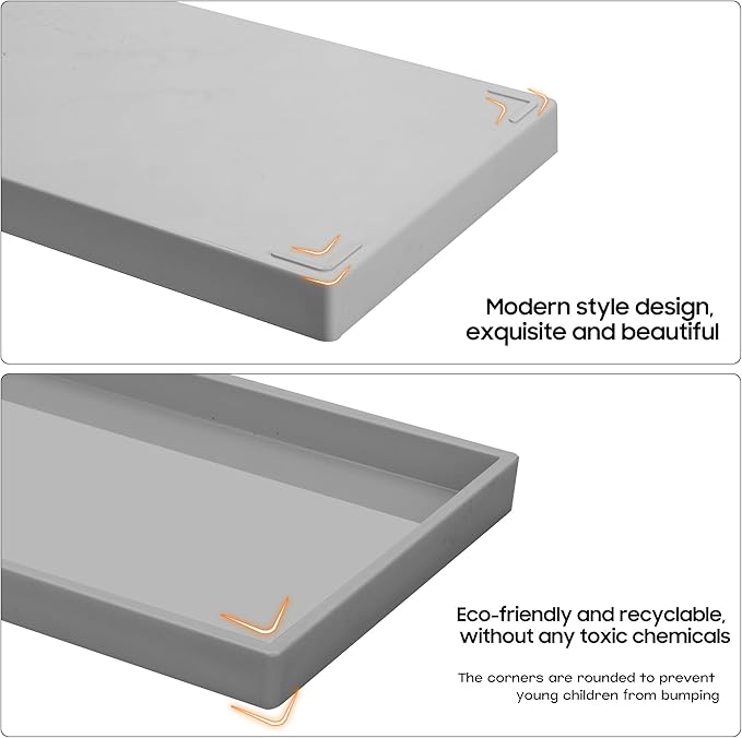 Vanity and Bathroom Tray, 7.7" ABS Countertop Organizer,Waterproof Vanity Tray for Toilet Tank,Perfume,Soap,Keys,Bathroom Accessories,Kitchen and Bath Trays,Non Slip Small Trays,Gray,2 Pack