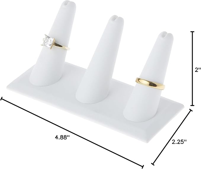 Plymor White Faux Leather Ring Finger Display, Three on Rectangular Base, 4.875" W x 2.25" D x 2" H (Pack of 6)