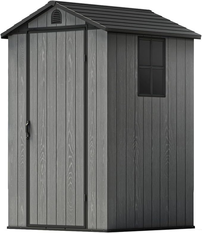 Patiowell 4 x 4 FT Plastic Outdoor Storage Shed with Floor, Garden Tool Resin Shed with Two Windows and Lockable Door for Garden, Backyard, Lawn, Easy to Install, Dark Grey