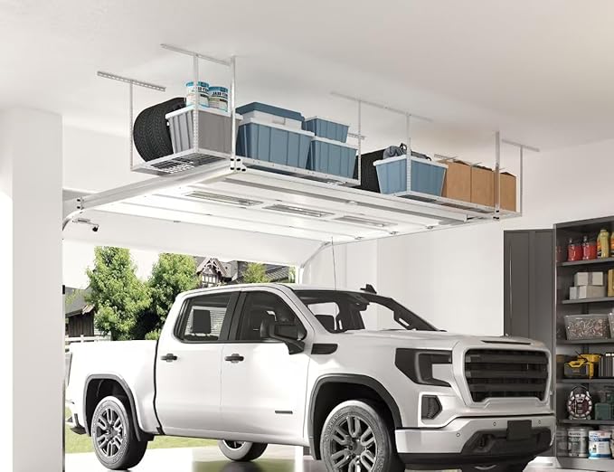 FLEXIMOUNTS 2 Pack 3x6 Overhead Garage Storage Adjustable Ceiling Rack 72" Length x 36" Width x 40" Height, 900lbs Total Weight Capacity, White, Classic Series