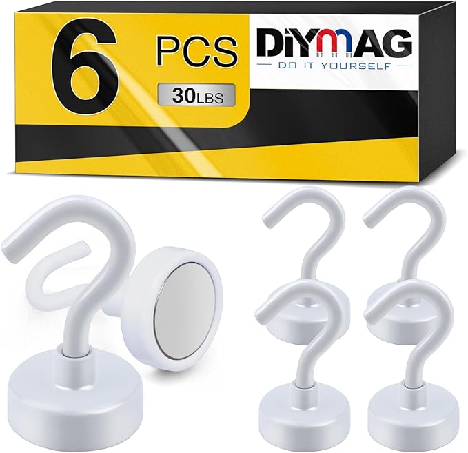 DIYMAG Magnetic Garage Hooks 6 Pack 30lbs 2026 Cruise Cabin Ship Essentials N52 Hook Heavy Duty Strong Magnets Fridge for Classroom Wall Mount Kitchen Grills White