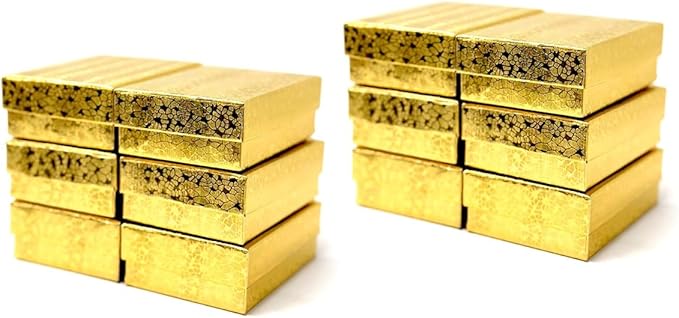 12 Pack Gold Foil Cotton Filled Color Paper Cardboard Jewelry Box for Necklace, Ring, Earring, Pendant, Pocket Watch, Body Jewelry and Beads Size-3 1/16" x 2 1/8" x 1" - by R J Displays