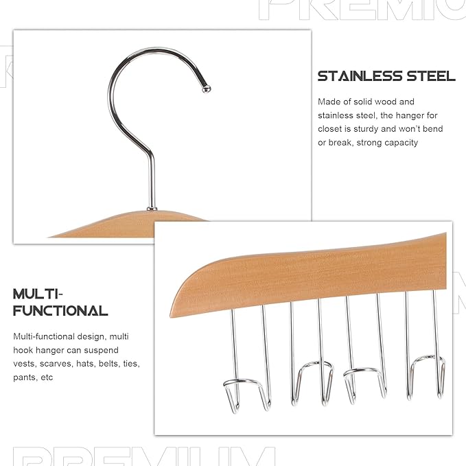 COHEALI Wooden Belt Organizer Rack with Multi-Functional Non-Slip Hooks Belt Hanger for Closet Storage Accessory Organizer Scarves Hats and Bags Natural Wood Color Space-Saving Home Use