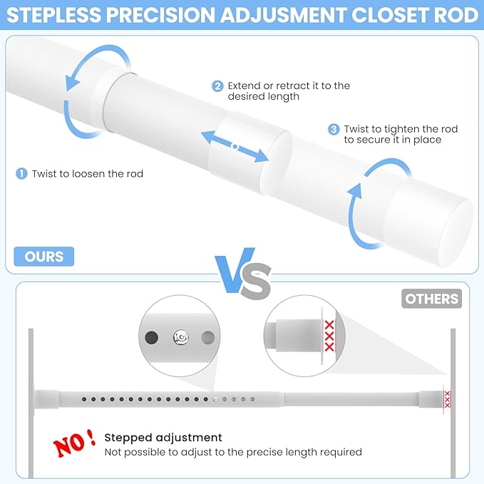 Closet Rods for Hanging Clothes, 17 to 54 Inch Heavy Duty Stepless Adjustable Closet Hanging Rod, 1.3 Inch Diameter Metal Closet Rod for Wardrobes Laundry Bedroom RV, White