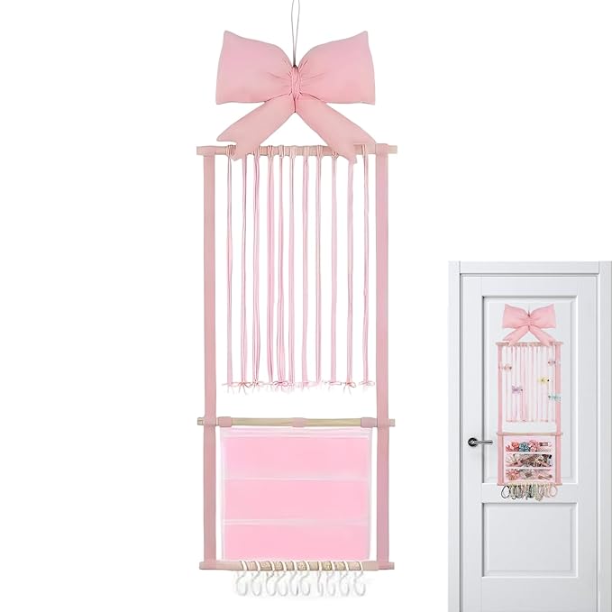 Hair Clip Organizer - Pink Bow Mesh Bag Wall Mount - Hair Clip Storage Wall Hanger - for Women Teen Girls Door Closet Bedroom Living Room Home Decor Apartment