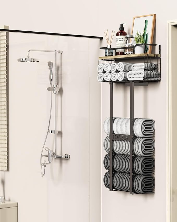 Towel Racks for Bathroom - Wall Mounted Metal Rack with Wood Plank, Bathroom Storage Organizer, Towel Holder Stores 6 Large Rolled Towels Easily, Black with Wood Plank