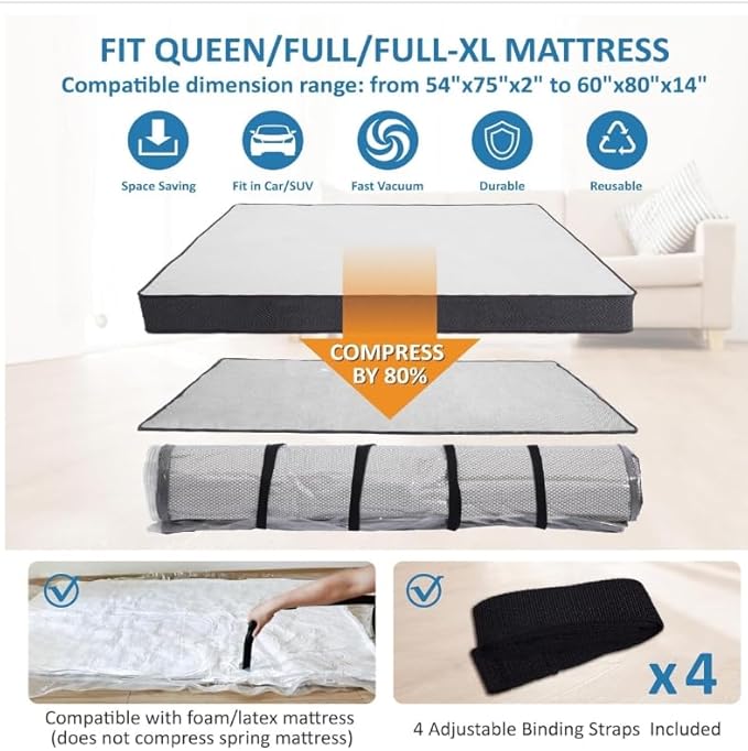Storage Logic Queen/Full/Full-XL Foam Mattress Vacuum Bag for Moving, Vacuum Seal Mattress Bag with Straps