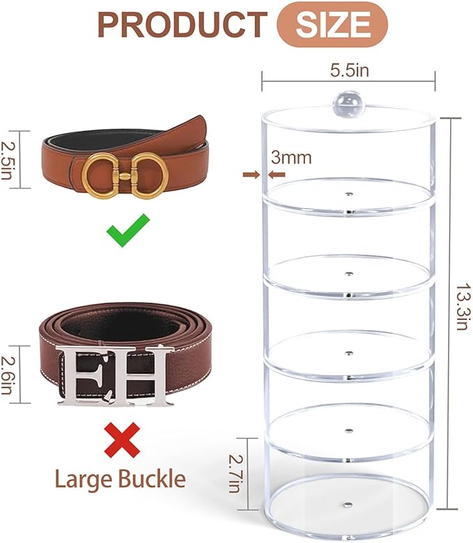 Belt Organizer, 5-Tier Acrylic Belt Storage & Holder for Closet, Clear Acrylic Display Case with Dust Cover for Belts