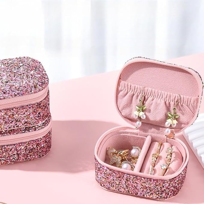 Jinglong Glitter and Sequin Mini Jewelry Box, Portable and Compact, Large Capacity Jewelry Storage Box, Dustproof Travel Jewelry Organizer
