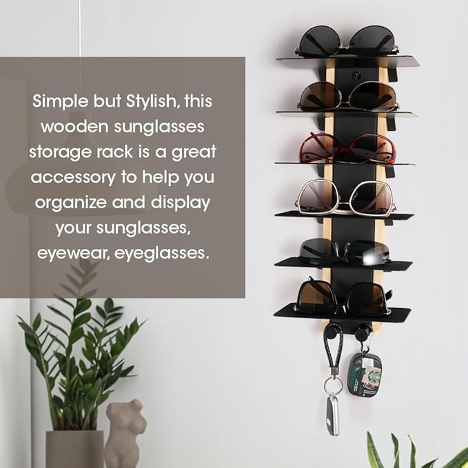J JACKCUBE DESIGN Sunglasses Storage Organizer Wall Mounted 6 Eyeglasses Display Holder Shelf Rack, Eyewear Hanging Rack with Metal Hooks (Black)- MK1030A