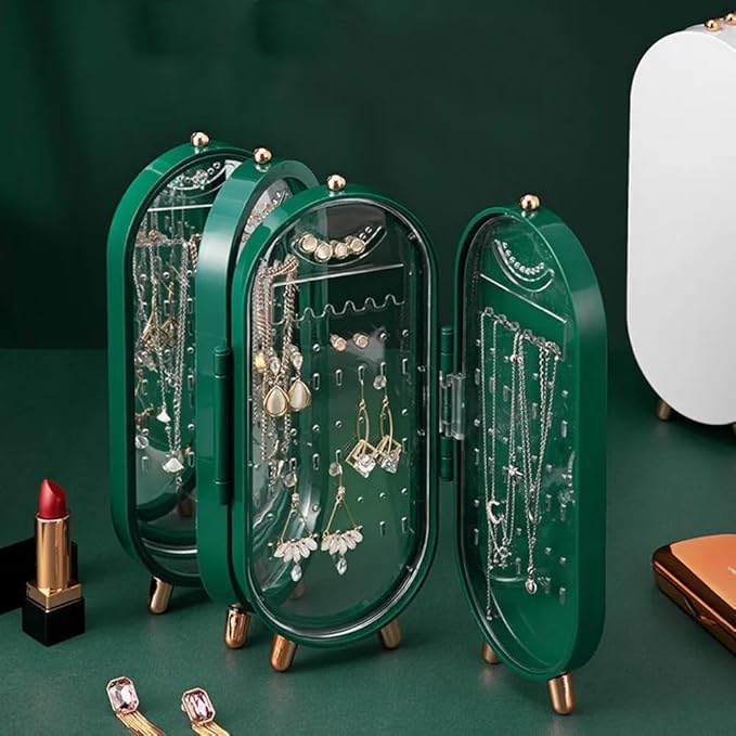 Foldable Jewelry Organizer with 153 Holes for Earrings, Mirror, and Elegant Gift Box - Perfect for Girls and Women (Green)