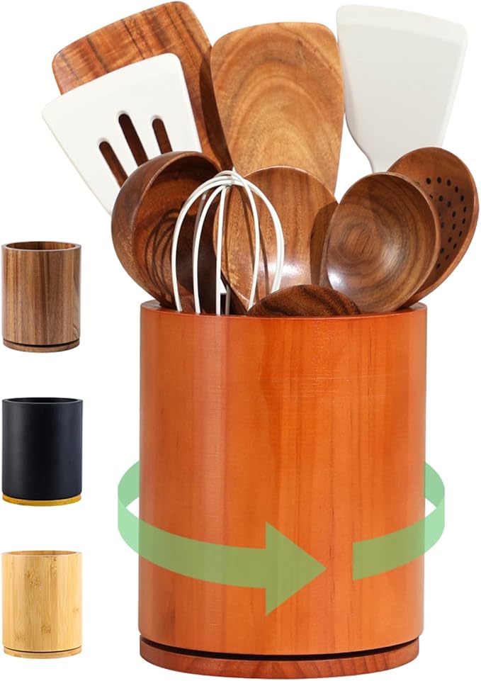 Wooden Utensil Holder, 360°Rotating 7.3'' Large Utensil Holder for Kitchen Counter, Kitchen Utensil Organizer, Utensil Crock, Farmhouse Kitchens Countertop Decor, Cherry
