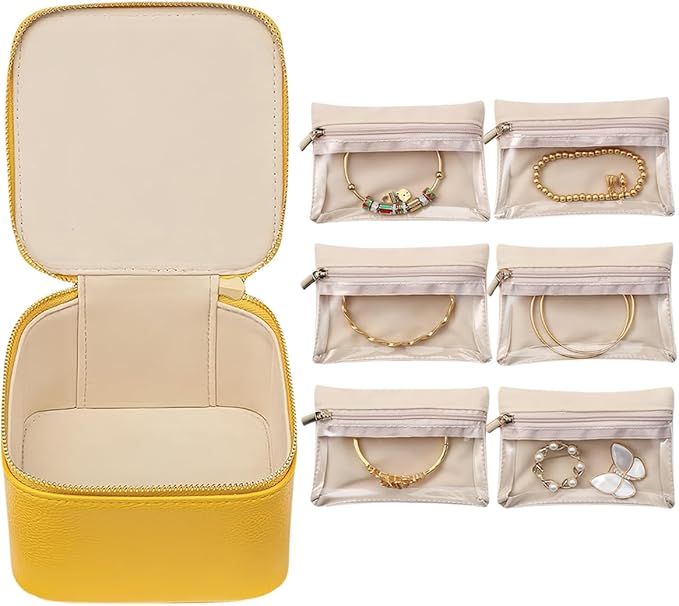 Leather Jewelry Boxes for Travel, leather jewelry travel case, small jewelry pouchs zipper for women, travel jewelry bag organizer (Yellow)