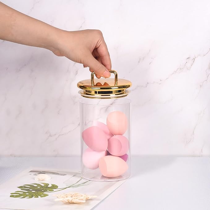 24 oz Medium Acrylic Storage Apothecary Jar with Gold Airtight Lid | Bathroom Vanity Organizer Containers | Ideal Decorative Canisters for Shells, Bath Salt, Grains, Cotton Ball, Flossers