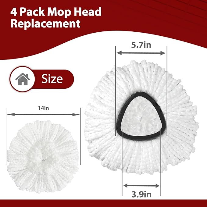Mop Head Replacement, 4 Pack Spin Mop Refill Replace Head Compatible for Oceda EasyWring 1-Tank System, Microfiber Machine Washable, Not Easy to Dislodge