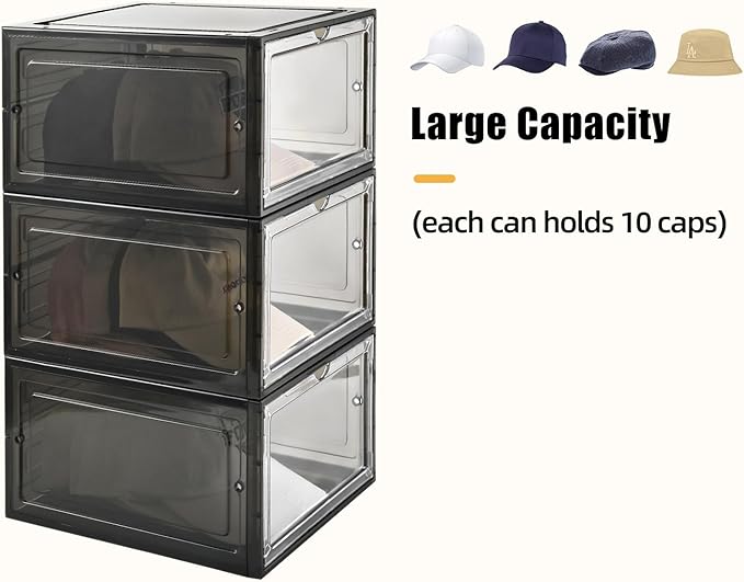 Hat Organizer Box,Stackable Clear Baseball Caps Holder Box Containers with Magnetic Door for Hats Snapback Cap Storage,Clear Hat Storage with Magnetic Door, Holds 40 Hats (black clear, 4 pack)