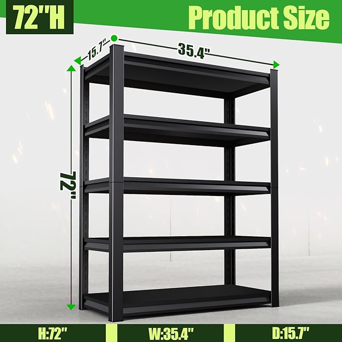 72" H Garage Shelving,Heavy Duty Garage Storage Shelves,Metal Shelving Unit,5 Tier Adjustable Steel Utility Shelf,Use for Basement,Warehouse, Pantry Closet,Black
