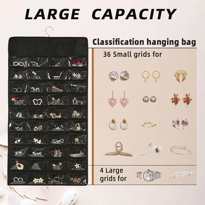 Hanging Jewelry Organizer Storage Earring Jewelry Storage Bag With 48 Pockets Necklace Bracelet Ring Glasses Accessory Display Rack (B80-Black)