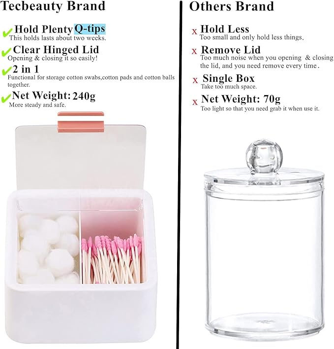 Tecbeauty 2 Slot Cotton Swab Ball Qtip Holder Jar Plastic Container Dispenser Box with Hinged Lid for Bathroom Home Storage Organizer