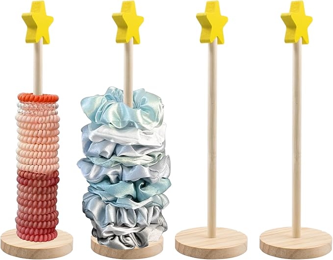 SnowTing 4 PCS Scrunchie Holder, Wooden Hair Tie Organizer Stand, Cute Star Shape Tabletop Vertical Scrunchies Storage Display Tower for Girls Women Bedroom Bathroom and Store, 10.3'' Tall