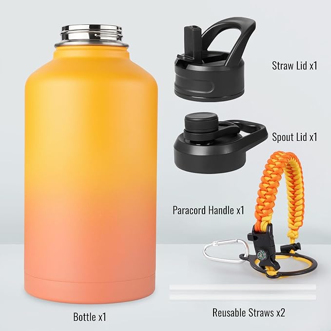 Half Gallon Water Bottle with 2 Lids (Straw & Spout), 304 Stainless Steel Sports Insulated Bottle with Handle, 64 oz Vacuum Double Walled Water Jug with Wide Mouth, BPA Free, Yellow&Orange