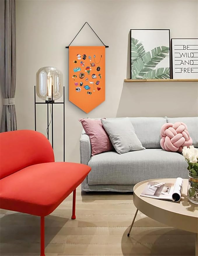 Wall Hanging Brooch Storage Case Canvas Display Stand Enamel Pin Display Banner Holder Earrings Necklace Glitter Pin Collection Organizer (Orange)
