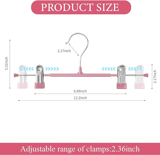Pants Hangers with Clips 20 Pack Adjustable Skirt Hangers for Women Non-Slip Trousers Hanger for Jeans Clothes Hangers for Pants Heavy Duty Space Saving Shorts Hangers,Pink,12Inch