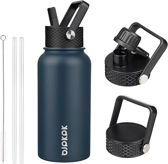 BJPKPK Insulated Water Bottles with Straw Lid, 27oz Stainless Steel Water Bottle with 3 Lids, Leak Proof BPA Free Metal Thermo, Mugs, Tumblers, Keep Cold Hot - Navy Blue