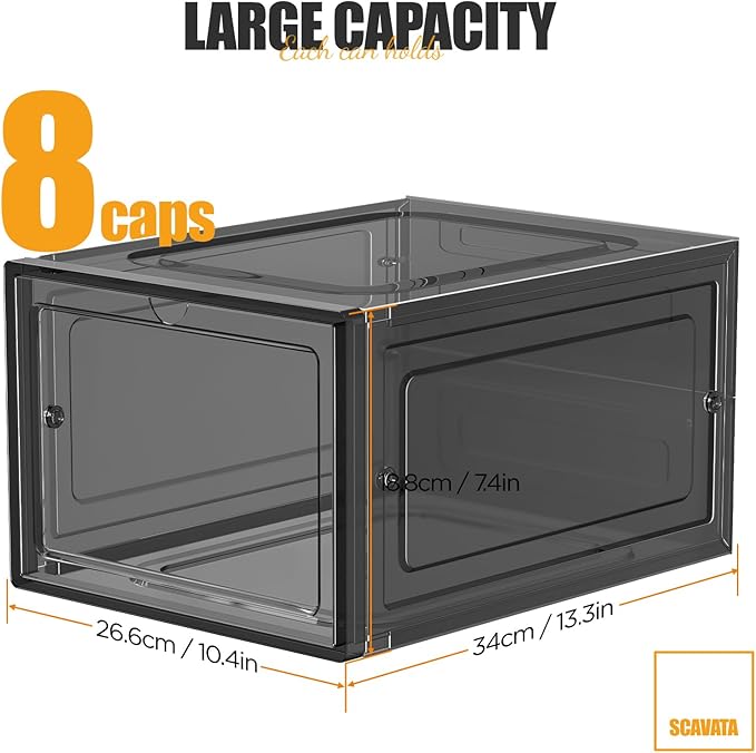 Hat Organizer Box, Stackable Clear Baseball Caps Holder Box Containers with Magnetic Door for Hats Snapback Cap Storag, Hat Rack Display Case, Holds 8 Hats Each (Black, 6 Pack)
