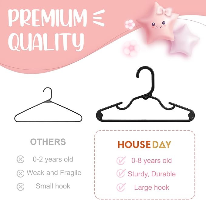 HOUSE DAY Baby Hangers 100 Pack - Durable Plastic Infant & Kids Clothes Hangers, Thin Compact Space-Saving Design for Nursery/Children's Closet, Toddler Small Hangers Black (Infant/Baby/Toddler/Kids)