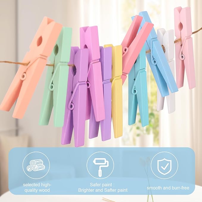 Colored Clothes pins 12 Color, Colorful ClothesPins Wooden Clips for Photos Pictures Decorative Crafts, Decoration clothespins Clothing Hanging clothespins 2.9inch 100PCS (Rainbow Colors)
