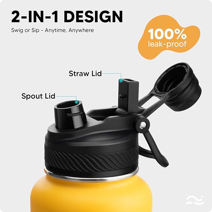 [2-IN-1 LID] Insulated Water Bottle with Silicone Boot (36hrs Cold/18hrs Hot) - DIY Stickers, Leakproof, BPA Free, 32 oz