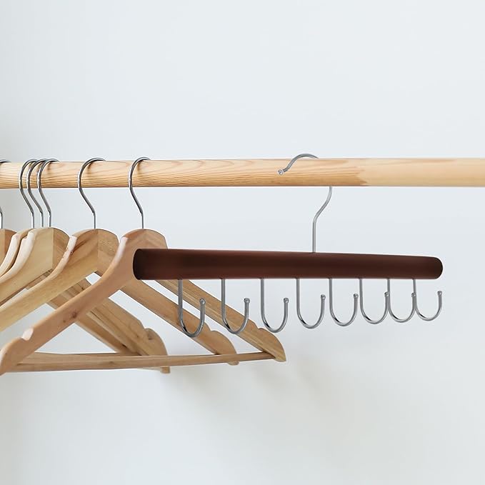 Wooden Tie Rack Hanger with 8 Multifunctional Hooks for Belts Pants Scarves Purse Organizer Space-Saving Closet Accessory Vintage Round Design
