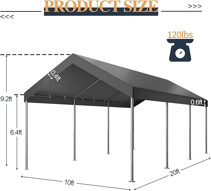 Shintenchi 10x20ft Heavy Duty Carport with UV&Wind Resistant Canopy,Portable Carport Garage Shelter with Stable Powder-Coated Steel Frame,Outdoor Carports for Car,Bike,Camp,Storage(Grey)