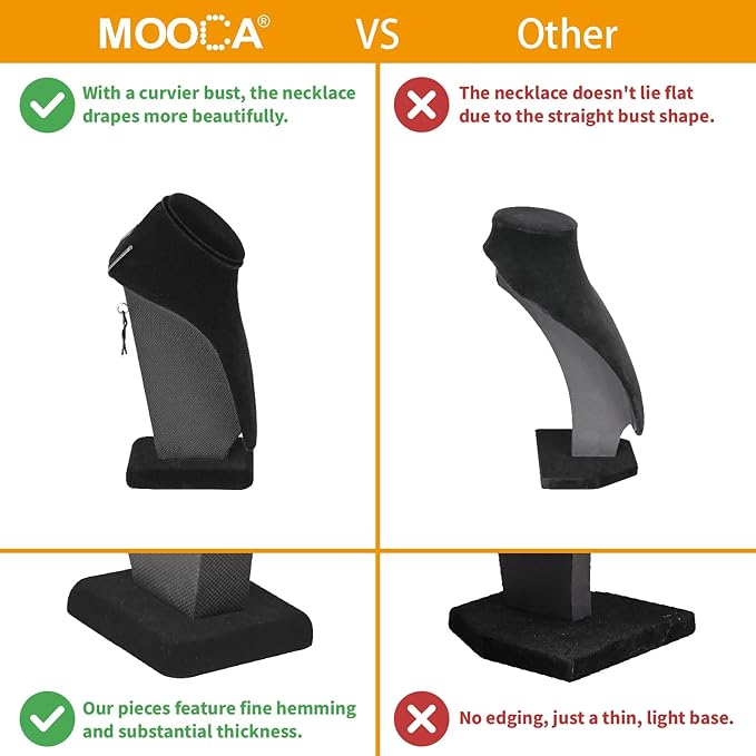 MOOCA 2-Piece Black Velvet Necklace Bust Display Set - Adjustable Hook - Jewelry Mannequin Stand for Necklaces & Chains up to 16-6 1/4 in H