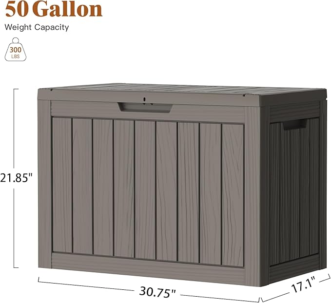 50 Gallon Outdoor Storage Box, Waterproof Deck Box with Build-in Handles and Lockable Lid, Outside Storage Box for Backyard Garden Tools, Patio Cushions, Package Delivery Box, Grey