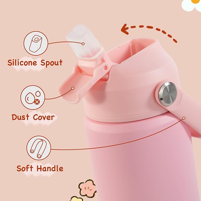 Kerilyn 12oz Kids Water Bottle, Stainless Steel Insulated Water Bottle for Kids, Toddler Cup With Straws Leak-proof, Toddler Water Bottles for School Boys Girls, BPA Free, Pink