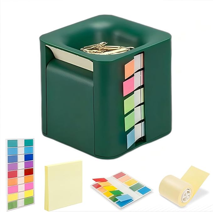 5 in 1 Sticky Note Dispenser for Desk with Pop Up Sticky Note, Sticky Rolls, Sticky Tabs, Magnetic Paper Clip Holder, Multifunctional Cube Sticky Note Holder Desk Organizer(Green)