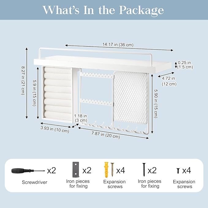 Lolalet Wall Mounted Hanging Jewelry Organizer with Wood Shelf, Wall Jewelry Holder with Hooks for Ring Earring Bracelets Necklaces Display -White