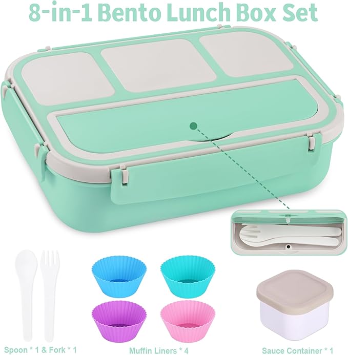 Bento Box Adult Lunch Box, Lunch Containers for Kids Girls Boys with 4 Compartments, Lunchable Food Container with Utensils, Sauce Jar, Muffin Liners, 40 Oz/5 Cup, Seafoam Green