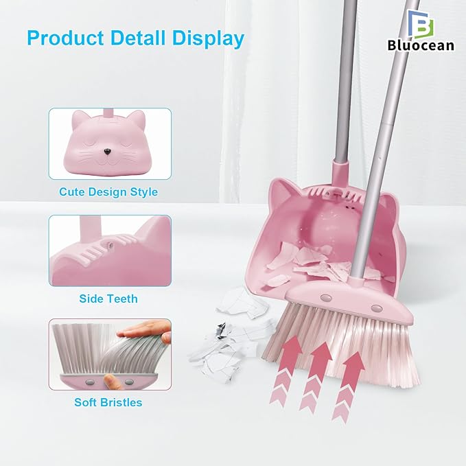 28'' Kids Mini Broom and Dustpan Set - Toddler Cleaning Toy, Toddler Household Helper, Parent-Child Interactive Play Cleaning Tool, Cute Cartoon Design, Small Safe Corner Broom (Pink Puff)