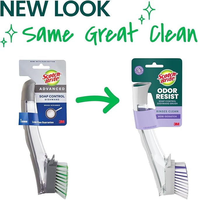 Scotch-Brite Odor Resist Soap Control Dishwand Brush, Non-Scratch Cleaning Brush with Scraper, Stands Upright, 4-Pack