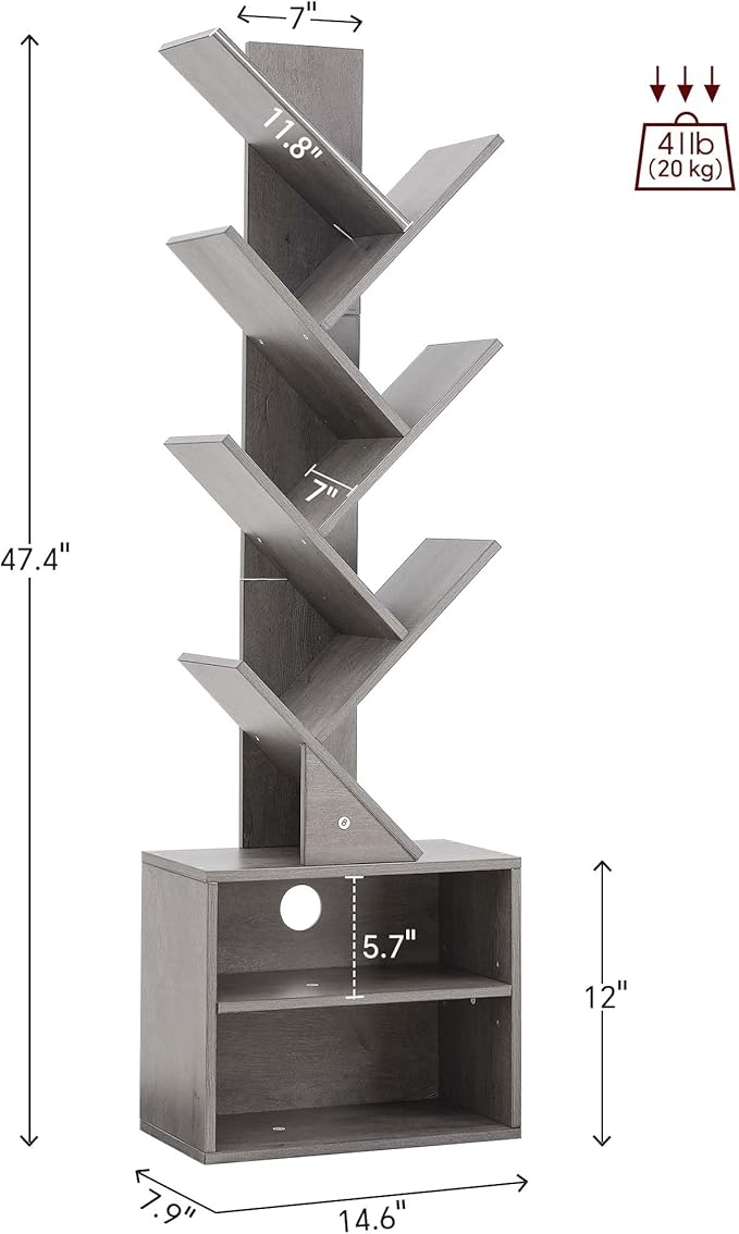 SUNMORY 6 Tier Tree Bookshelf, Tall Bookcase with Storage Cabinet, Modern Narrow Bookshelves Organizer, Floor Standing Book Shelf for Bedroom/Living Room/Home Office/Corner, Grey