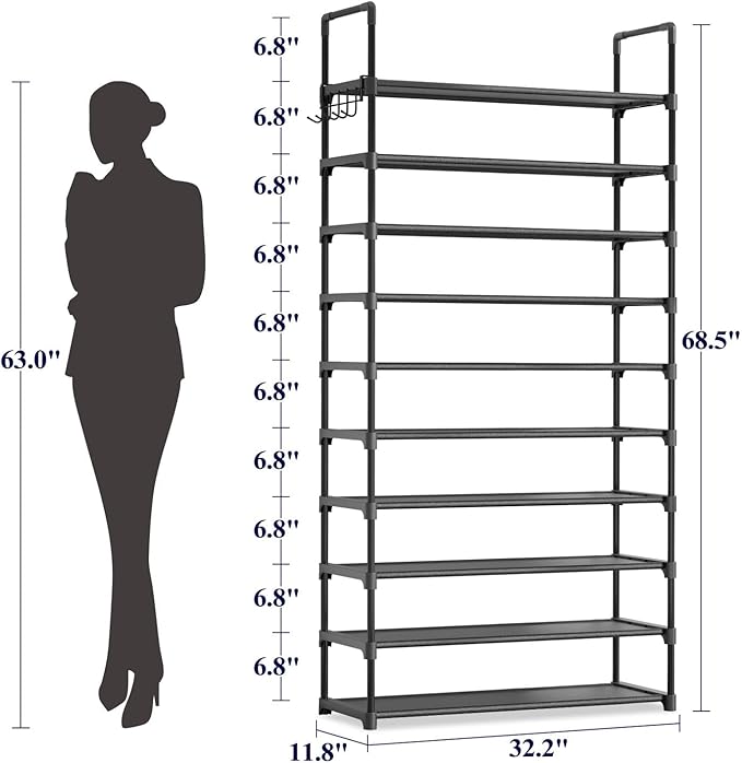 Kitsure Shoe Rack for Closet - 10-Tier Shoe Organizer with Hook Rack, Large-Capacity & Space-Saving Shoe Shelf for Entryway, Bedroom, Living Room,32.2" x 11.8" x 68.5", Black