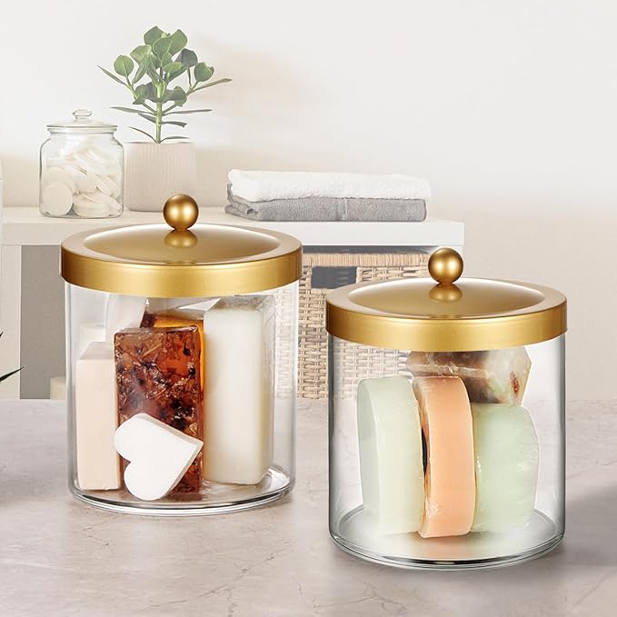 SheeChung 3 Pack 50 Ounce Large Clear Apothecary Jar with Gold Rust-Proof Lid - Shatterproof Plastic Storage Canister - Modern Luxury Bathroom Vanity & Laundry Room Organizer for Pods, Bath Salts