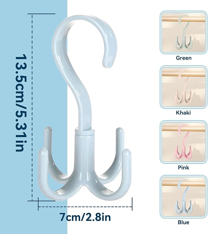 2PCS Rotating Handbag Hanger, 360 Degree Rotating Closet Organizers with 4 Claws, Scarf Tie Rack Hooks for Belts 4 Colors, Multifunctional Closet Handbag Hook Scarf Hanging Rack for Bedroom(Blue)