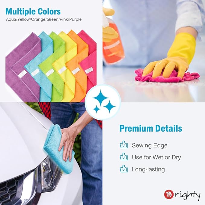 Orighty Microfiber Cleaning Cloth Pack of 12, Microfiber Towels for Cars, Highly Absorbent Car Cleaning Supplies, Lint Free Cloths Clean Rags for Car Care, House, Kitchen, 12x12 inch