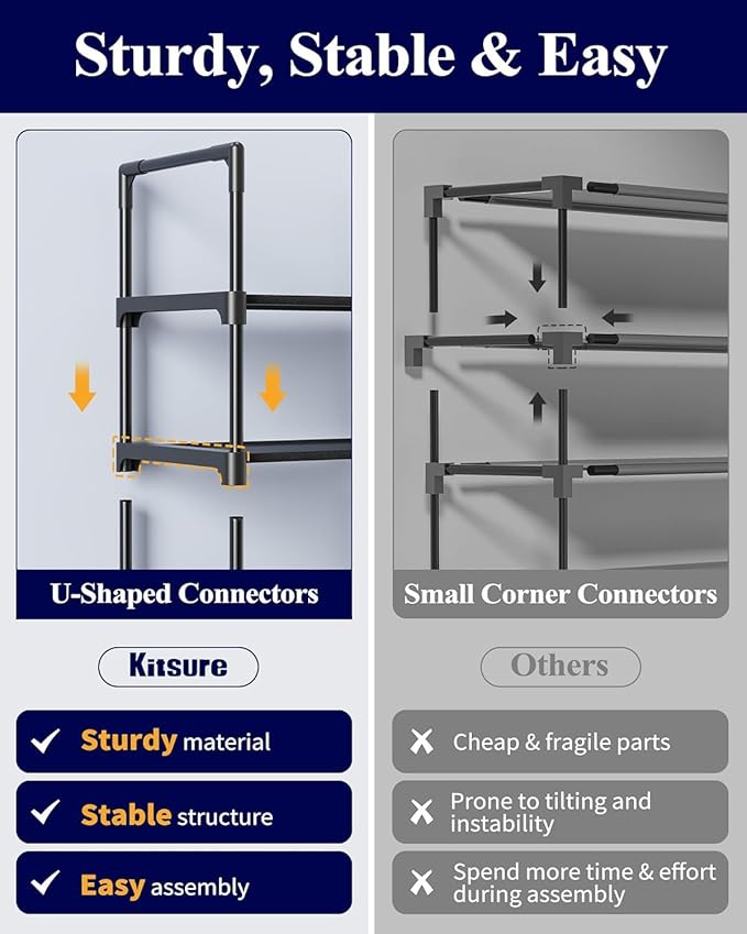 Kitsure Shoe Rack for Closet - 10-Tier Shoe Organizer with Hook Rack, Large-Capacity & Space-Saving Shoe Shelf for Entryway, Bedroom, Living Room,32.2" x 11.8" x 68.5", Black