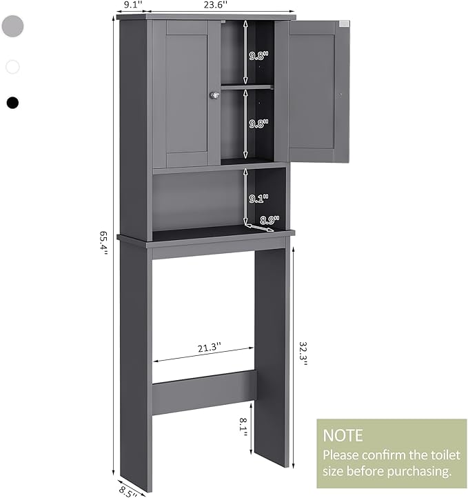 Meilocar Over The Toilet Storage Cabinet, Bathroom Storage Over Toilet with Two Doors and Adjustable Shelf, Space Saver with Open Shelf, Gray